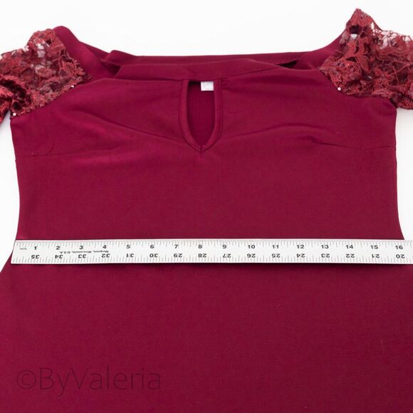 Venus Women's Burgundy Top L Balloon Sleeve Lace Sequin Holiday Christmas Glam - Picture 8 of 10